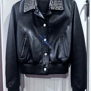 Philipp Plein Black Leather Jacket with Silver Studs